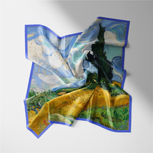 Load image into Gallery viewer, Wheatfield with Cypresses - Silky Neckerchief with Van Gogh Painting (21&quot;x21&quot;)
