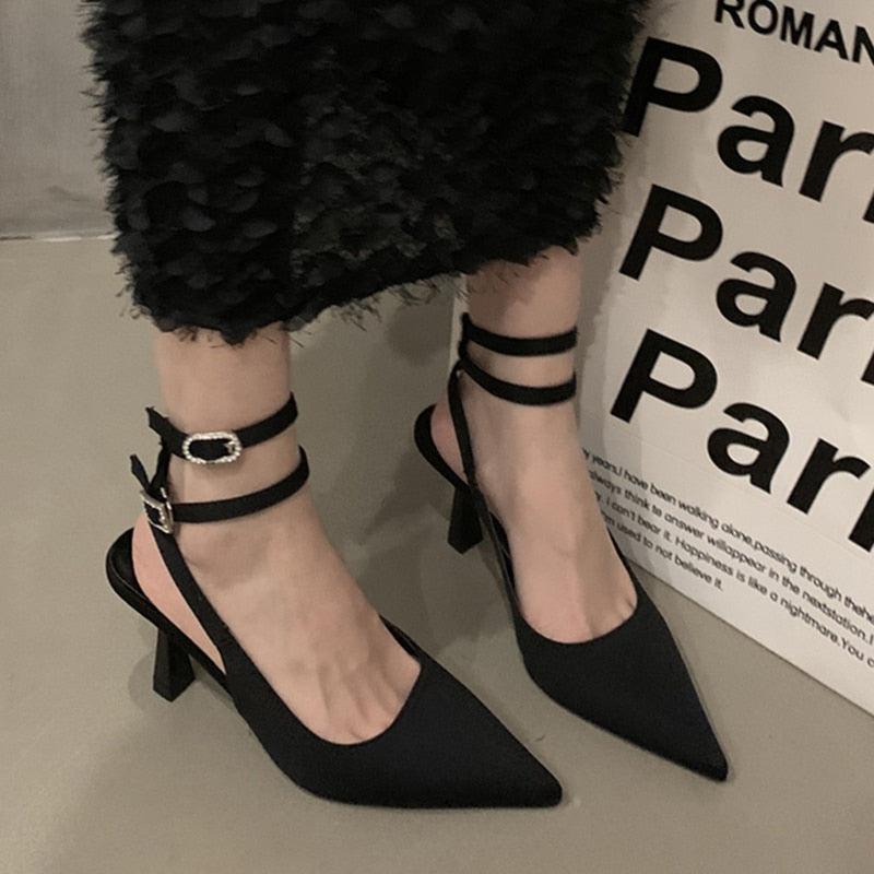 Seoul-Style Heels - [Black/Khaki] - dual ankle strap