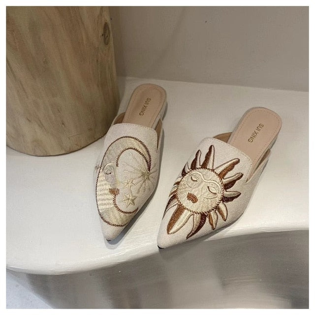 CHIC Sun & Moon Embroidery Fashion Mules